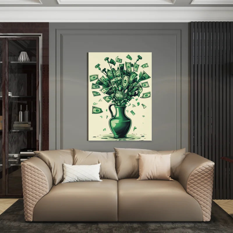 Plexiglas wanddecoratie van een vaas gevuld met bloemen gemaakt van geld.