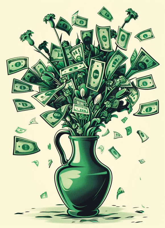 Plexiglas wanddecoratie van een vaas gevuld met bloemen gemaakt van geld.