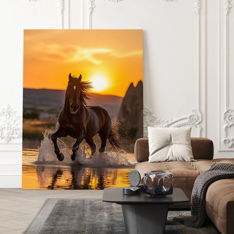 Dibond wanddecoratie met een silhouet van een paard bij zonsondergang.