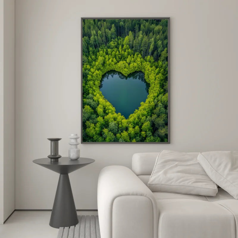 Dibond schilderij van een omgeving met bomen met daarin een plas water in een vorm van een hart.