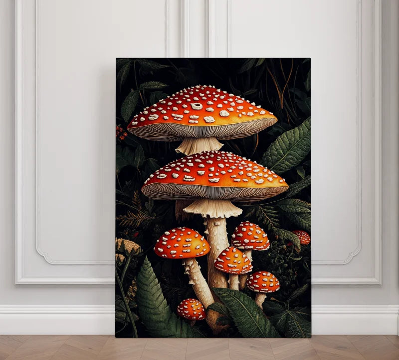 Wandecoratie dibond van levendige rode paddenstoelen met witte stippen op plexiglas wanddecoratie.