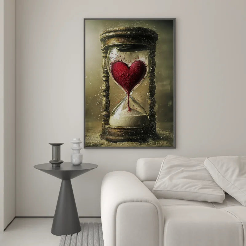 Plexiglas wanddecoratie van een zandloper met een hart erin.