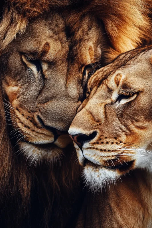 Dibond wanddecoratie van een leeuw en een leeuwin die met liefde tegen elkaar aan zitten.