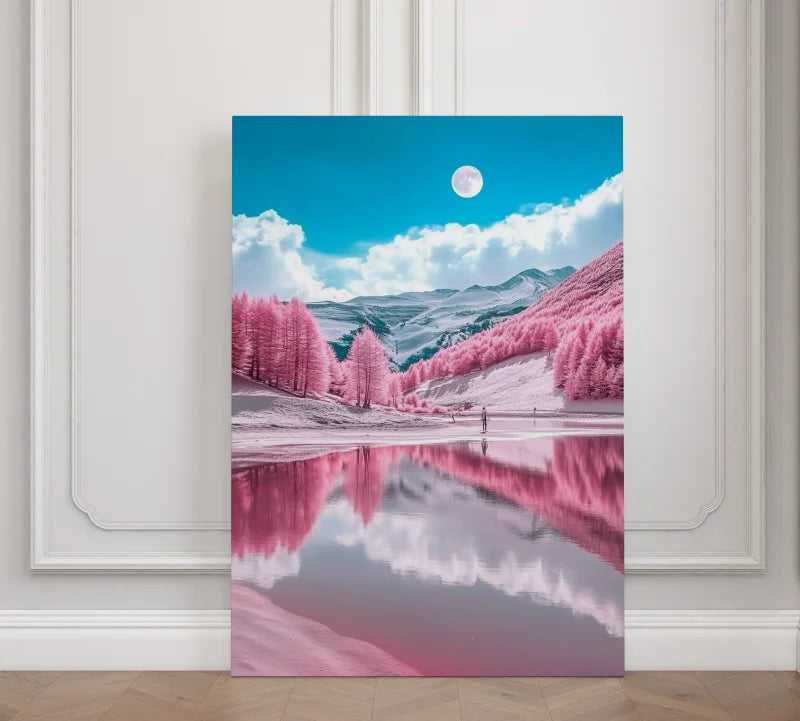 Wanddecoratie canvas van roze landschap met spiegelend water en een heldere blauwe hemel op plexiglas wanddecoratie.