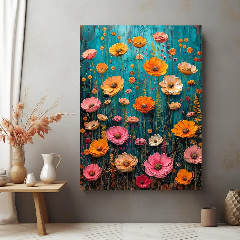 wanddecoratie dibond met een kleurrijk veld van wilde bloemen