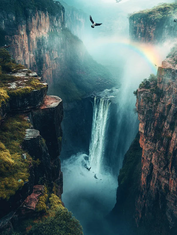Wanddecoratie dibond met een waterval omgeven door nevel, een sfeervolle en indrukwekkende toevoeging aan je interieur