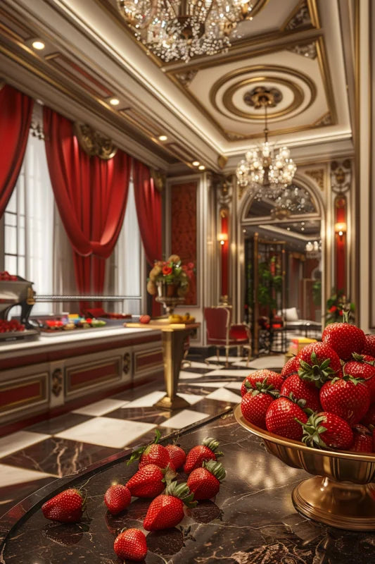 Wanddecoratie plexiglas van een elegante ruimte versierd met verse aardbeien en luxe inrichting