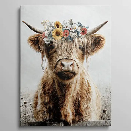 Schotse hooglander met veldbloemenkroon in een dromerige setting.