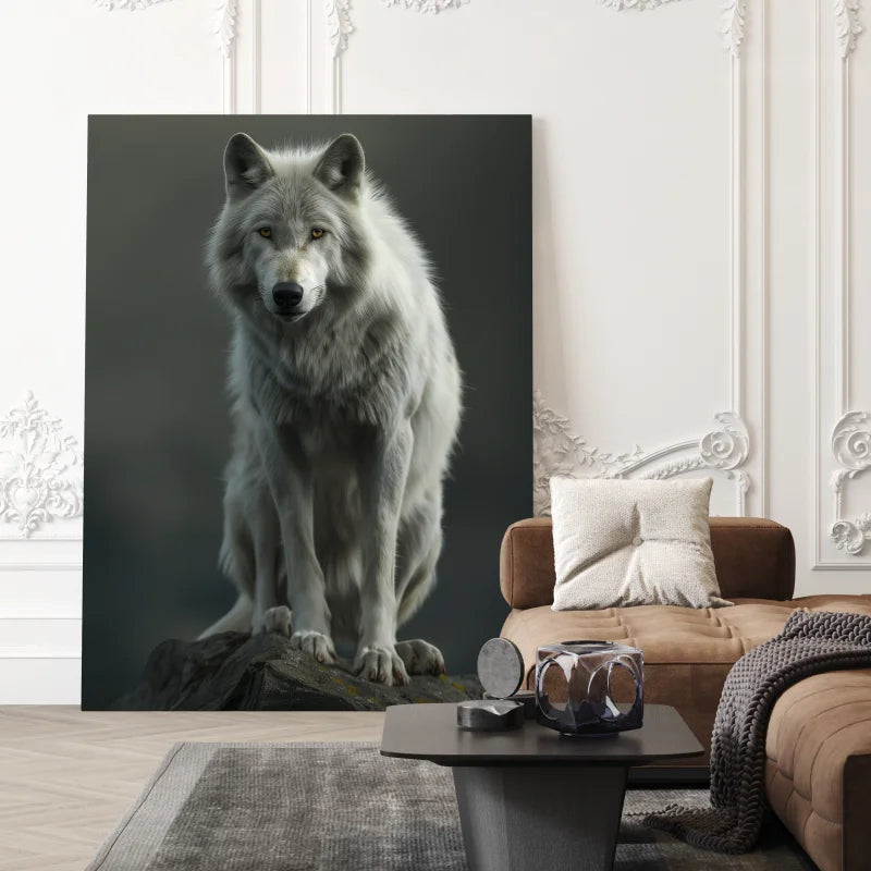 Canvas wanddecoratie met een elegante witte wolf in donkere tinten.