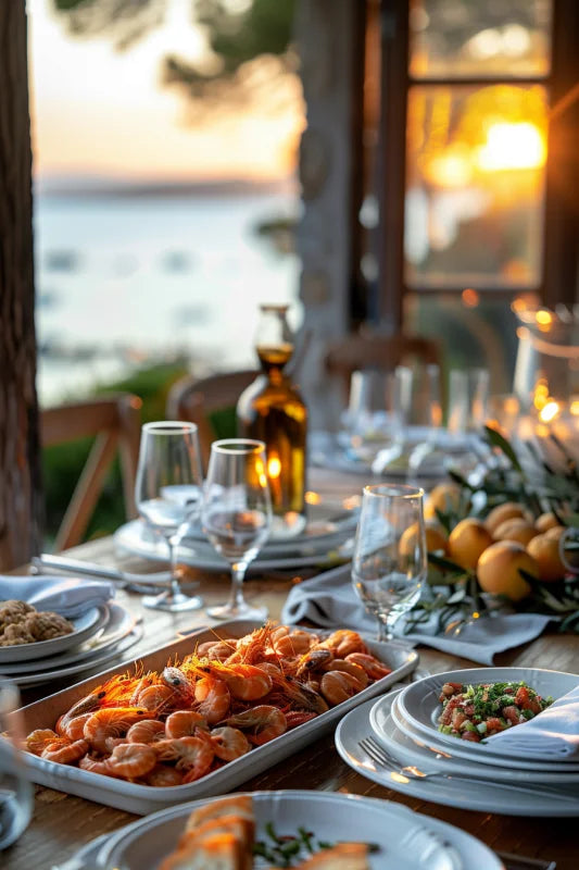 Wanddecoratie canvas van Luxe zeevruchtenmaaltijd geserveerd op een terras met uitzicht op de zonsondergang.