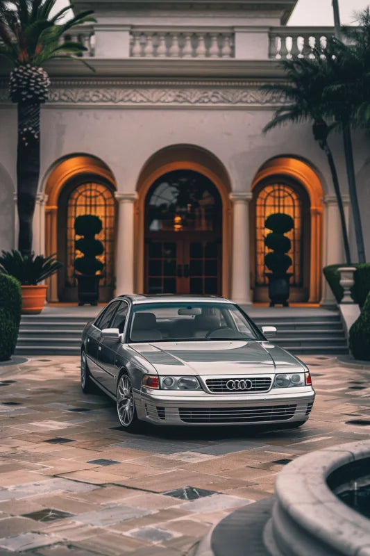 Poster van een zilverkleurige Audi S8 geparkeerd voor een elegante villa.