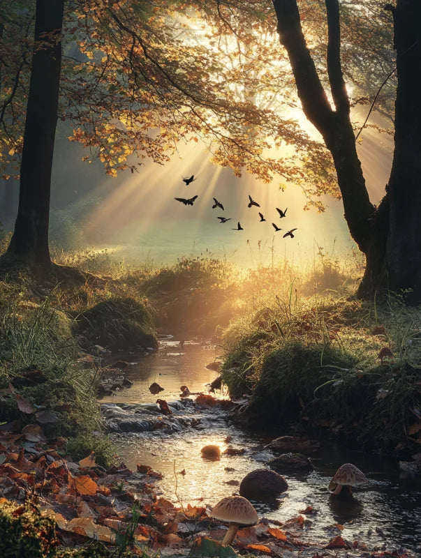 Wanddecoratie plexiglas met een gouden beek in een herfstlandschap