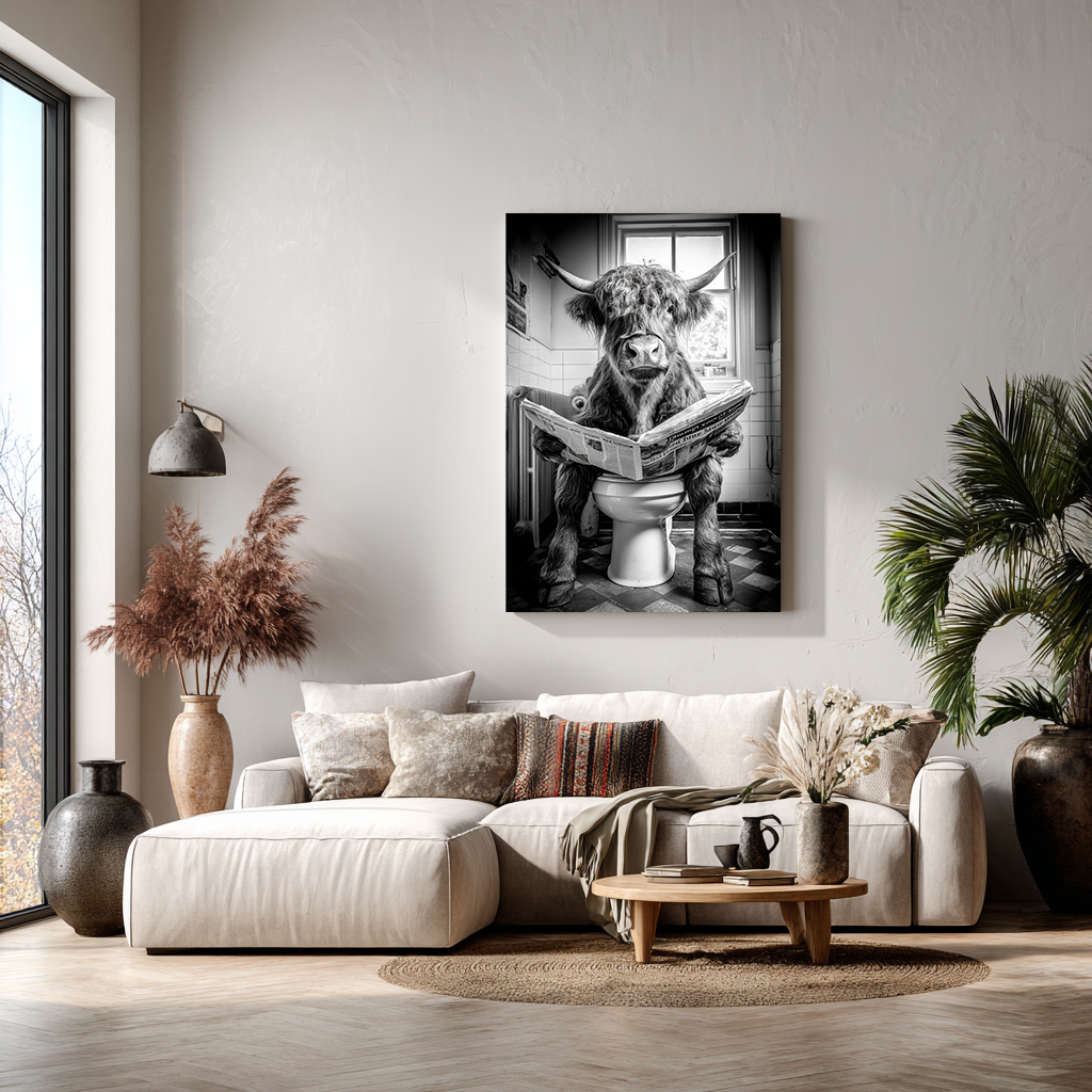 Hooglander leest krant op de wc – humor voor aan de muur