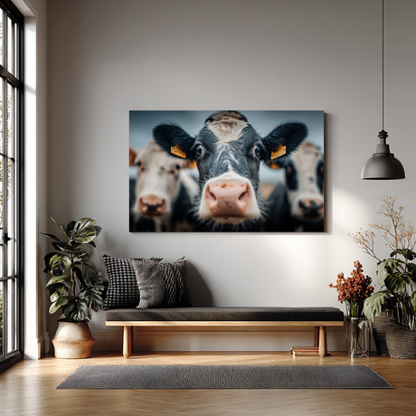 Rustiek schilderij van een koe met zonnebloemen in haar vacht