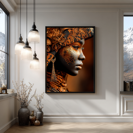 Portret van een zwarte vrouw met oranje bloemenpatronen en grote, bewerkte oorbel.
