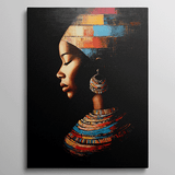 Olieverfschilderij van een vrouw in profiel met een kleurrijke hoofddoek en kralensieraden.

