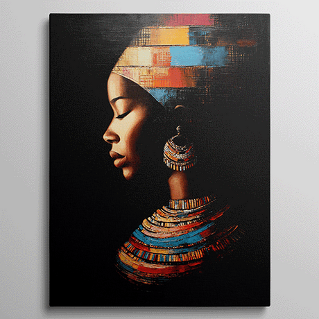 Olieverfschilderij van een vrouw in profiel met een kleurrijke hoofddoek en kralensieraden.

