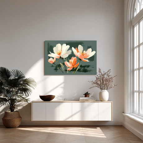 Illustratieve bloemen in zachte pasteltinten met grove penseelstructuur.