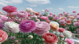 Kleurrijk bloemenlandschap onder een blauwe lucht