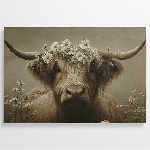 Schotse hooglander met madeliefjes-kroon op een beige achtergrond.