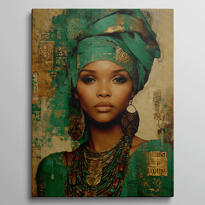 Portret van elegante Afrikaanse vrouw met groene tulband en gouden sieraden