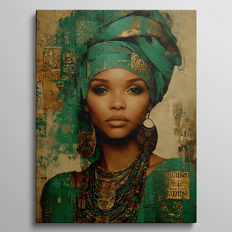 Portret van elegante Afrikaanse vrouw met groene tulband en gouden sieraden