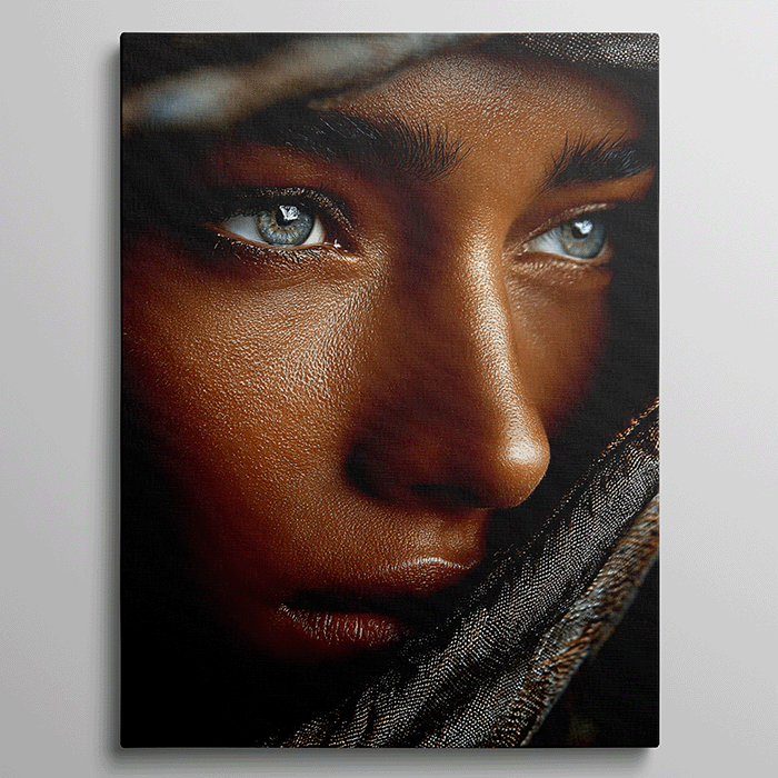 Close-up portret van een vrouw met heldere blauwe ogen en een bruine sjaal om haar gezicht.

