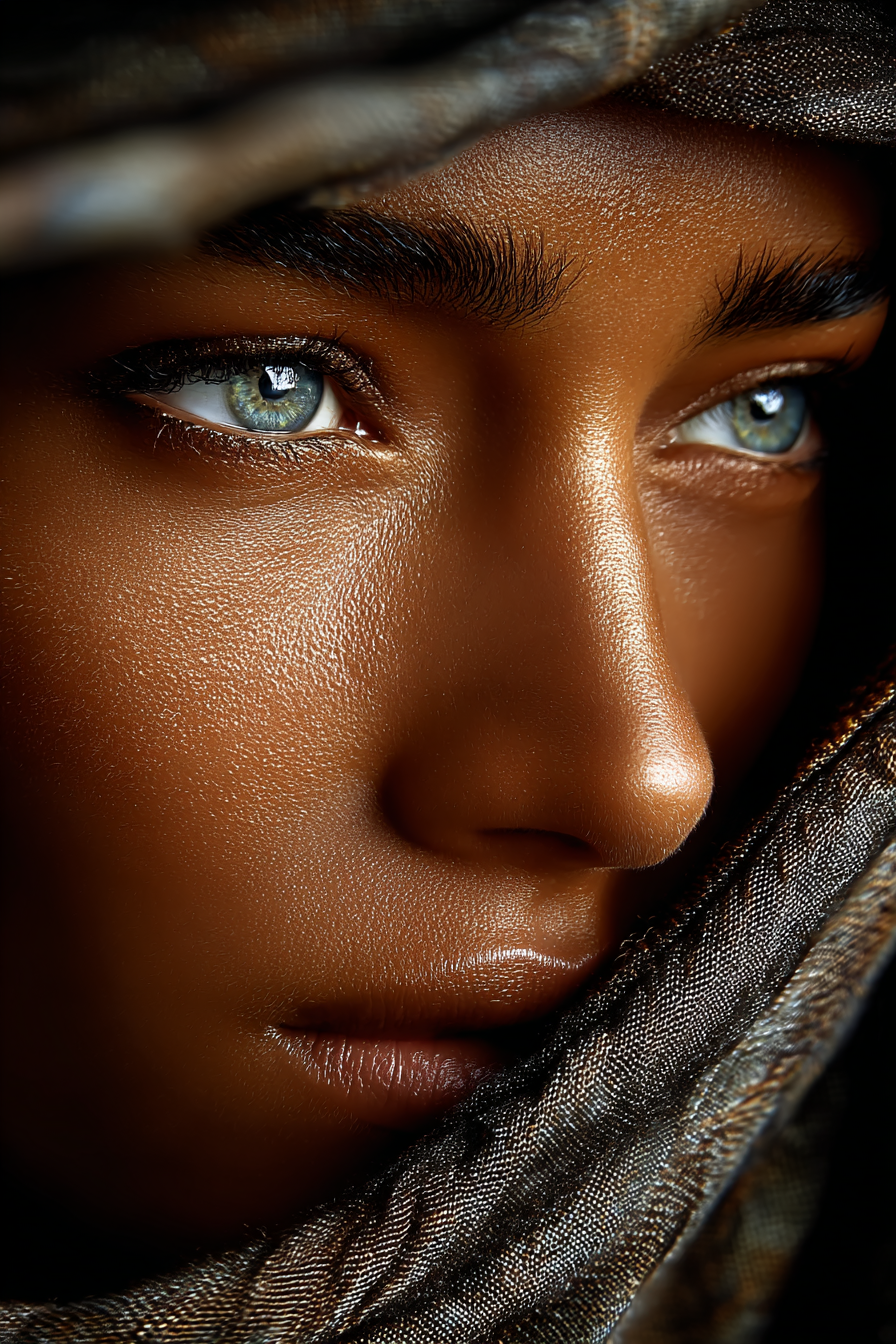 Intieme close-up van een vrouw met een omwikkelde doek en focus op haar ogen en neus.

