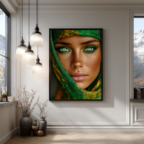 Intens portret met sproeten, glanzende huid en kleurrijke make-up

