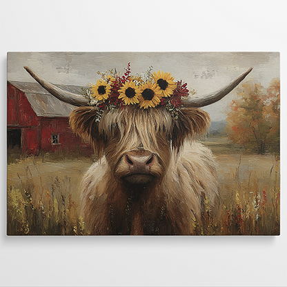 Harige hooglandkoe met bloemenkrans in een veld vol herfstkleuren