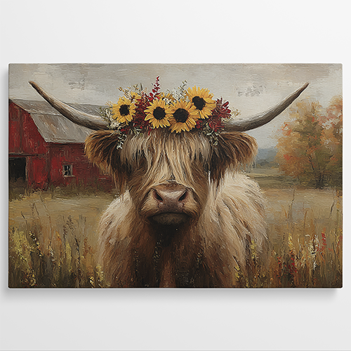 Harige hooglandkoe met bloemenkrans in een veld vol herfstkleuren