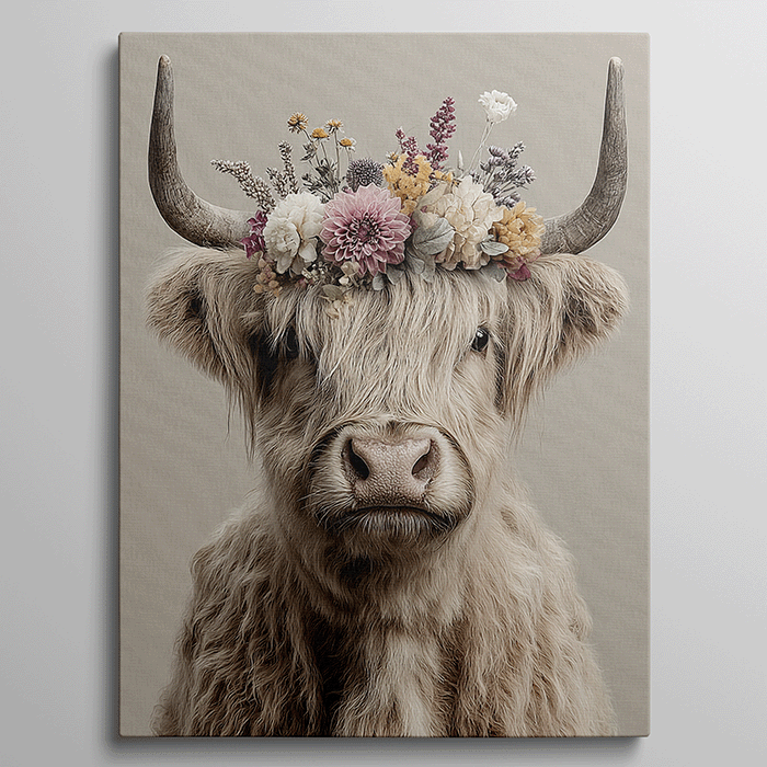 Schotse hooglander met bloemenkroon op neutrale achtergrond.