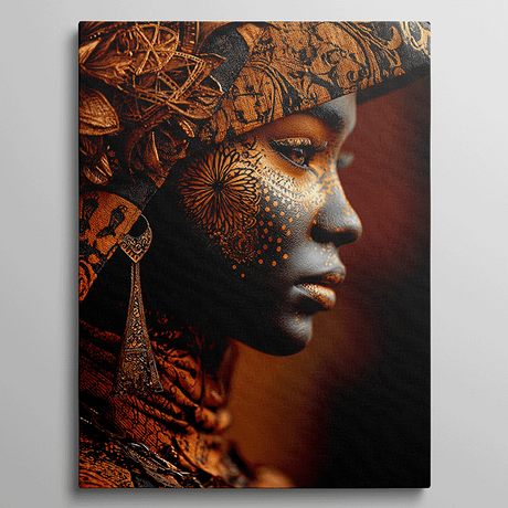 Zijaanzicht van een Afrikaanse vrouw met gouden gezichtspatronen en sierlijke hoofdtooi.