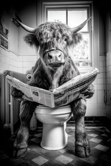 Kunstzinnige zwart-wit afbeelding van een hooglander in de badkamer