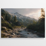 Bergbeekje dat stroomt door een alpenlandschap bij zonsondergang