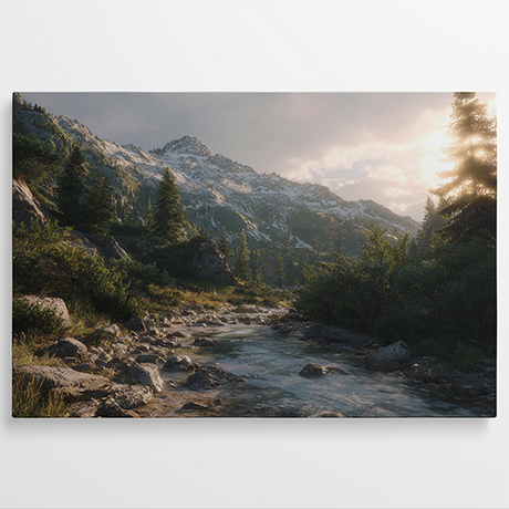 Bergbeekje dat stroomt door een alpenlandschap bij zonsondergang