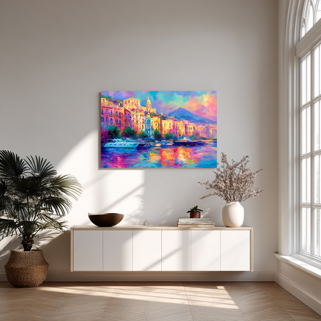 Artistieke impressie van Italiaanse gevels in felle tinten aan het water