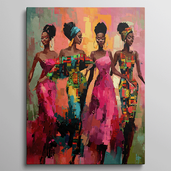 Vier Afrikaanse vrouwen in kleurrijke jurken in abstracte stijl