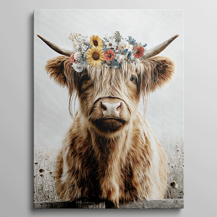 Schotse hooglander met veldbloemenkroon in een dromerige setting.

