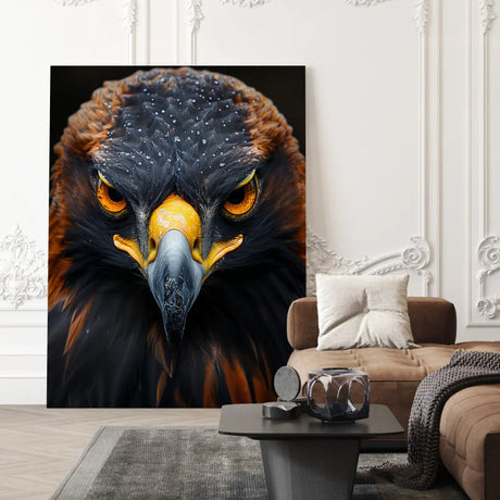 Wanddecoratie op plexiglas met een scherpe blik van een adelaarskop.