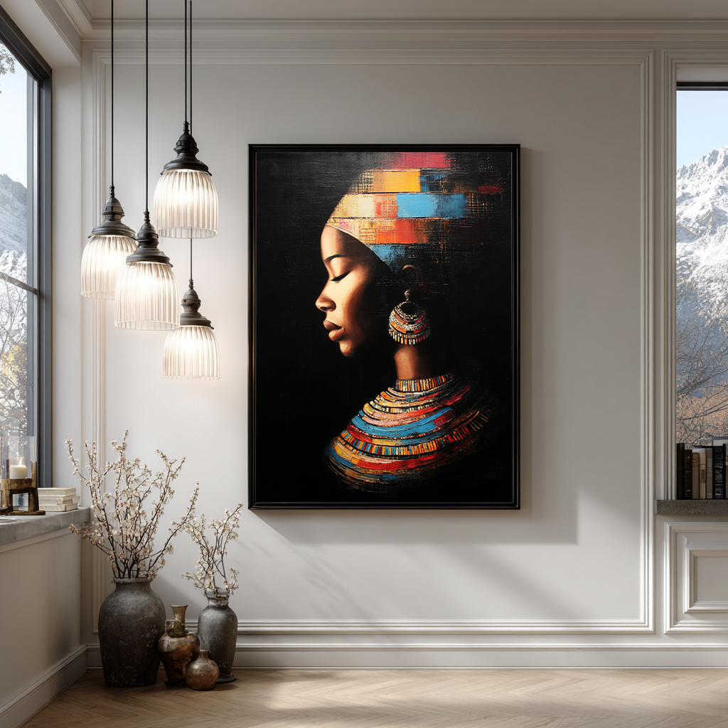 Portret van een elegante Afrikaanse vrouw met traditionele ketting en oorbel.