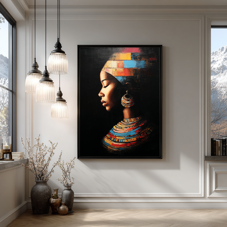 Portret van een elegante Afrikaanse vrouw met traditionele ketting en oorbel.
