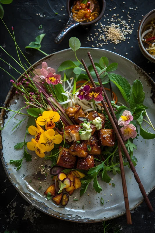 Canvas wanddecoratie van Culinaire kunstwerk met eetbare bloemen en seizoensgebonden ingrediënten