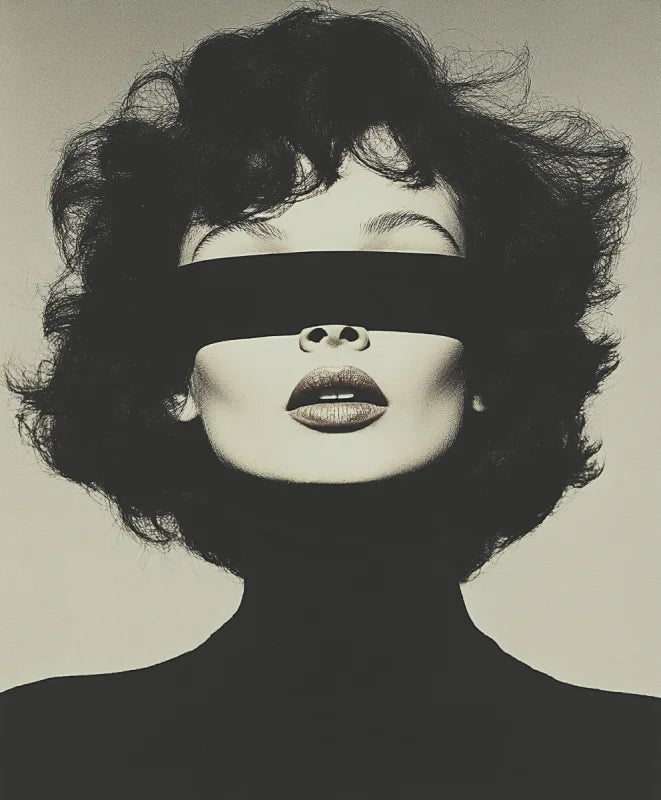 Wandkleed met een minimalistisch zwart-wit portret van een vrouw, met een mysterieuze zwarte balk over haar ogen