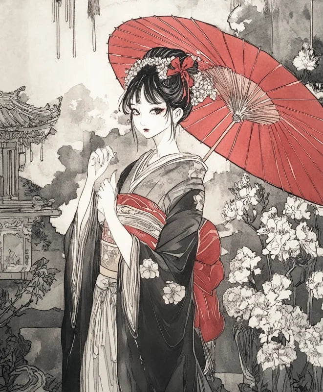 Wandkleed met een delicate Japanse kunststijl, een vrouw in een traditionele kimono met een rode parasol en bloemendetails
