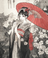 Wandkleed met een delicate Japanse kunststijl, een vrouw in een traditionele kimono met een rode parasol en bloemendetails