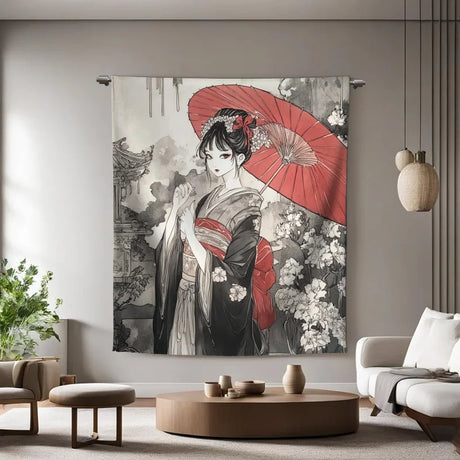 Wandkleed met een delicate Japanse kunststijl, een vrouw in een traditionele kimono met een rode parasol en bloemendetails