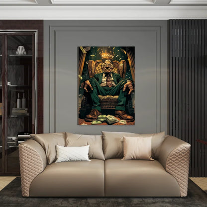 Dibond wanddecoratie van een man op een troon met een kroon en geld.