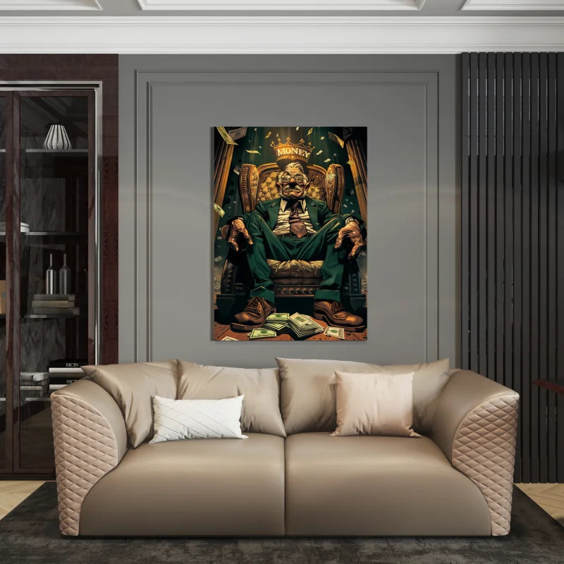 Dibond wanddecoratie van een man op een troon met een kroon en geld.