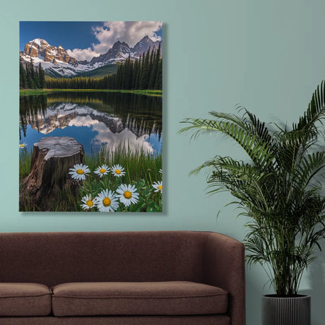 Wanddecoratie plexiglas met een rustig meer omringd door madeliefjes